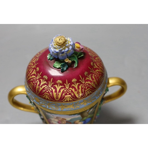 463 - A Vienna style two handled porcelain chocolate cup and cover, c.1900, 13cms high,