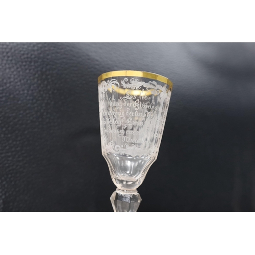 481 - A mid 18th century German/Bohemian glass with military engraving, 17cms high,