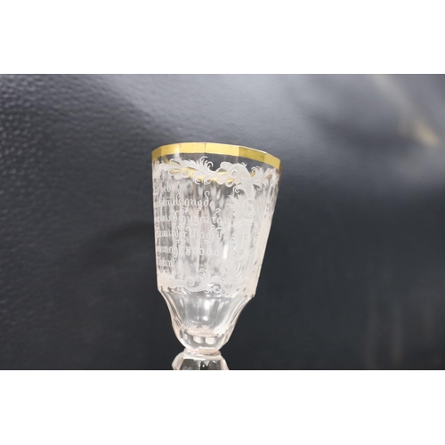 481 - A mid 18th century German/Bohemian glass with military engraving, 17cms high,