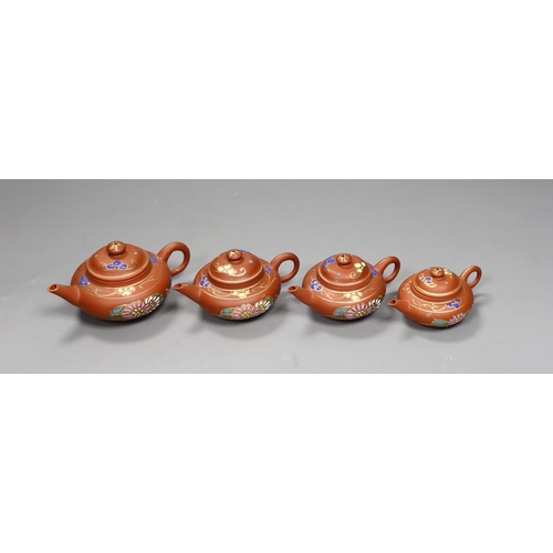 484 - Four Chinese Yixing graduated enamelled miniature teapots,largest 5.5cms high,