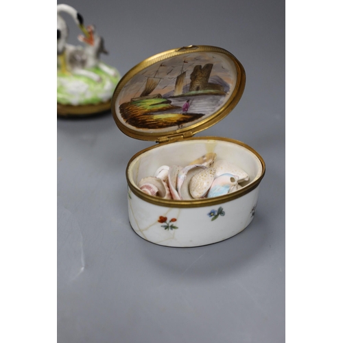 489 - Two Continental porcelain snuff boxes circa 1900, one a novelty Aesop fable design,height 9cms,... 