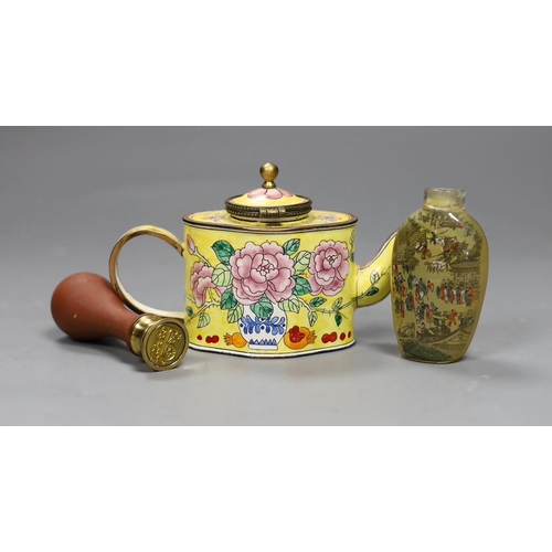 502 - A Canton enamel miniature teapot and a snuff bottle, together with a European stamp seal