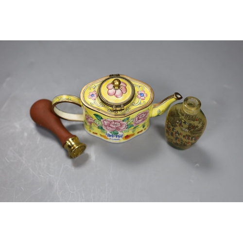 502 - A Canton enamel miniature teapot and a snuff bottle, together with a European stamp seal