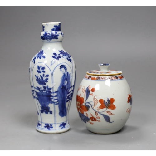 506 - A Chinese Kangxi blue and white small vase, 15cm tall, and an 18th century Chinese Imari pot and cov... 