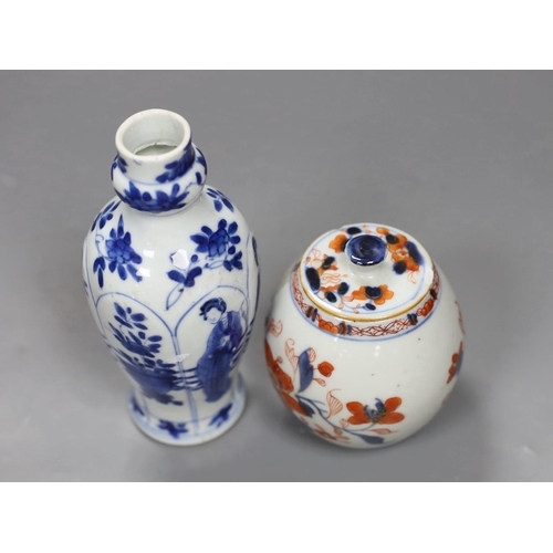 506 - A Chinese Kangxi blue and white small vase, 15cm tall, and an 18th century Chinese Imari pot and cov... 