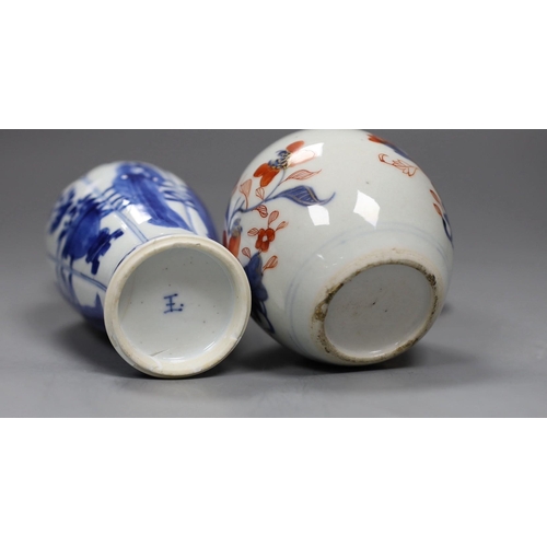 506 - A Chinese Kangxi blue and white small vase, 15cm tall, and an 18th century Chinese Imari pot and cov... 