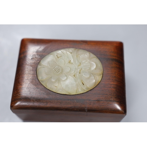 521 - A Chinese hardwood and bowenite jade mounted box,9.5cms wide x 5cms high,