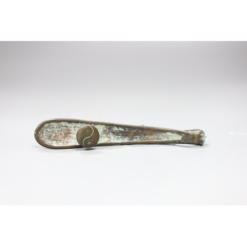 531 - A Chinese Song dynasty or later bronze belt hook,13.5cms long,