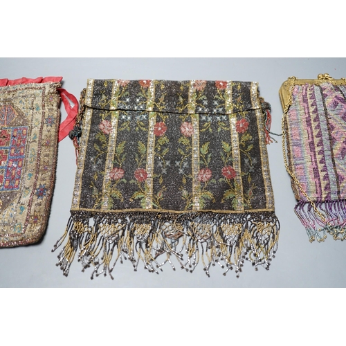 535 - Three finely worked cut steel bags, circa 1920, possibly French, two worked into multicoloured abstr... 