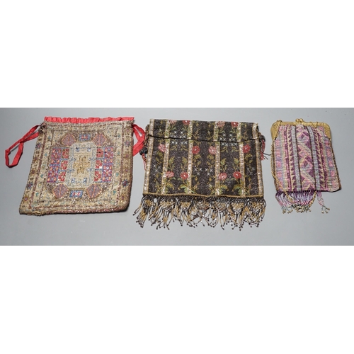 535 - Three finely worked cut steel bags, circa 1920, possibly French, two worked into multicoloured abstr... 