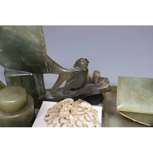 536 - A Chinese bowenite jade desk set (7) and a plaque,model of junk 16cms high,