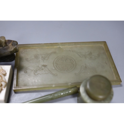 536 - A Chinese bowenite jade desk set (7) and a plaque,model of junk 16cms high,