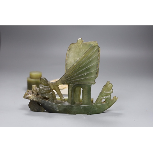 536 - A Chinese bowenite jade desk set (7) and a plaque,model of junk 16cms high,