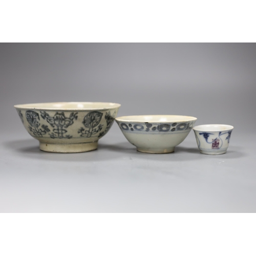 544 - Three Chinese Tek Sing blue and white bowls and a kitchen bowl, tallest 6cm