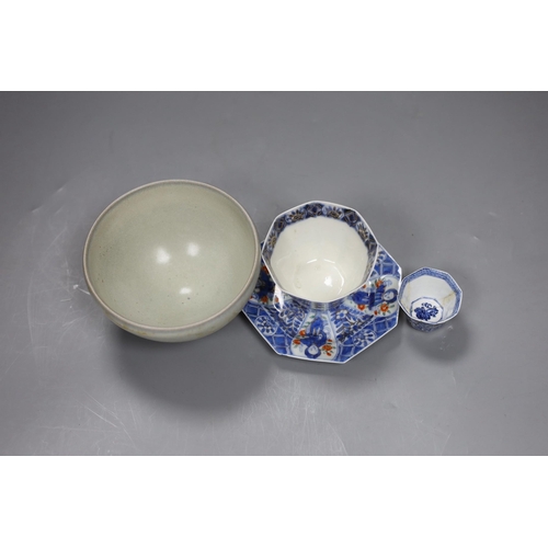 553 - A Chinese Vung Tao cargo miniatures blue and white cup, Kangxi, porcelain bowl, a Japanese octagonal... 