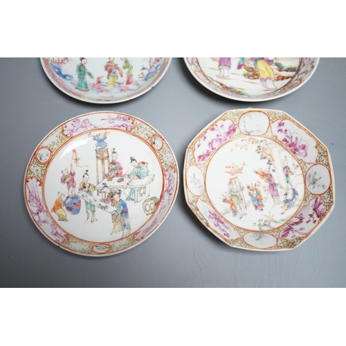 559 - A group of four 18th century Chinese export famille rose saucers,