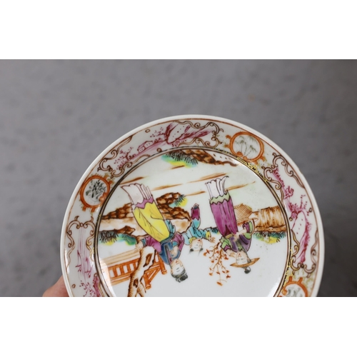 559 - A group of four 18th century Chinese export famille rose saucers,