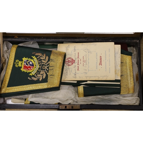 561 - A collection of Masonic medals, cuffs and ephemera anda W Masjid-1, Suleman Lodge Banquet menu autog... 