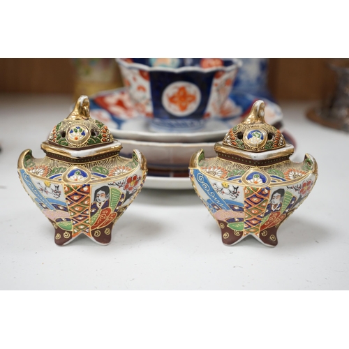 582 - A group of Japanese ceramics to include Imari dishes a Seto ware blue and white vase etc. tallest 30... 