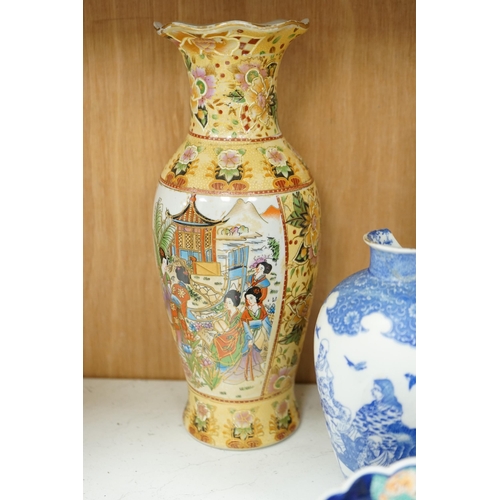 582 - A group of Japanese ceramics to include Imari dishes a Seto ware blue and white vase etc. tallest 30... 