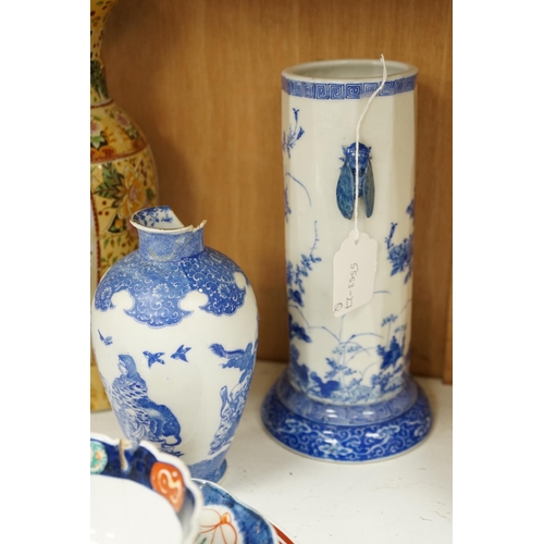 582 - A group of Japanese ceramics to include Imari dishes a Seto ware blue and white vase etc. tallest 30... 