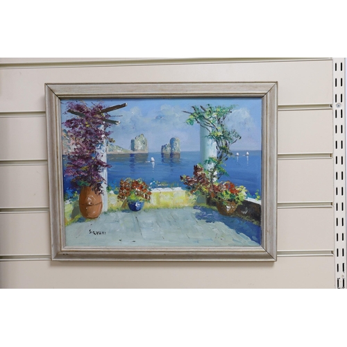 614 - Severino Silvani, oil on canvas, View from a Mediterranean terrace, signed, 30 x 40cm