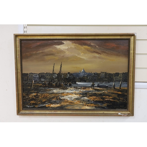 620 - Edward Elliott, oil on board, City viewed from beached fishing boats, signed, 50 x 75cm