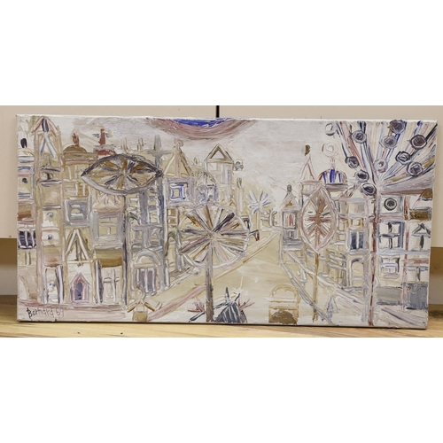 631 - Bernard 1969, oil on canvas, Stylised street scene, signed and dated '69, 38 x 76cm, unframed