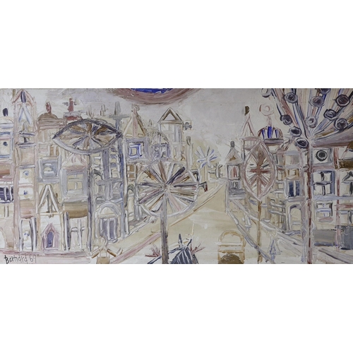 631 - Bernard 1969, oil on canvas, Stylised street scene, signed and dated '69, 38 x 76cm, unframed