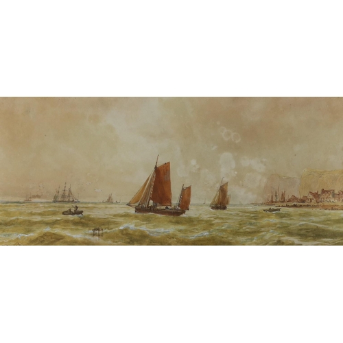 633 - T. Mortimer, watercolour, Fishing boats at sea, 23 x 51cm and two other watercolours of fishing boat... 