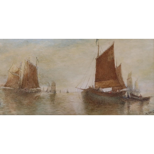 633 - T. Mortimer, watercolour, Fishing boats at sea, 23 x 51cm and two other watercolours of fishing boat... 