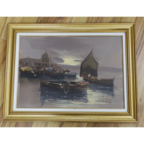 634 - Situ, oil on canvas, Moored boats off the Italian coast, signed, 46 x 66cm