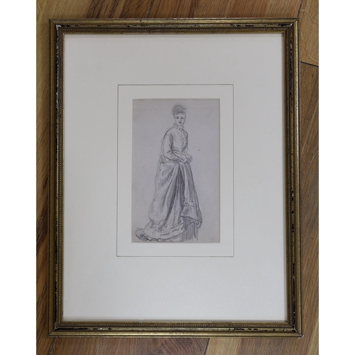 636 - Helen Allingham (1848-1926), pencil sketch, Study from life of a standing woman, label verso, 15 x 9... 