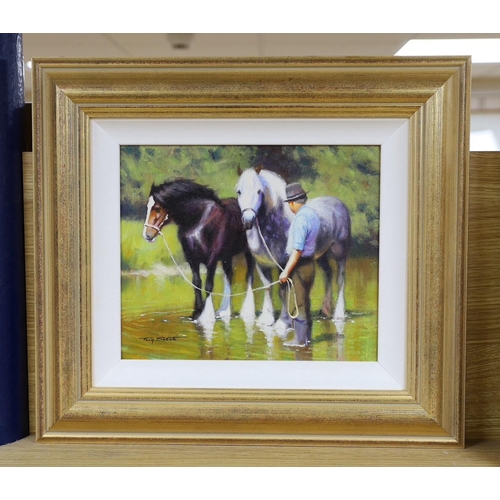 640 - Tony Sheath (b.1946), oil on board, Farmer watering horses, signed, 25 x 29cm