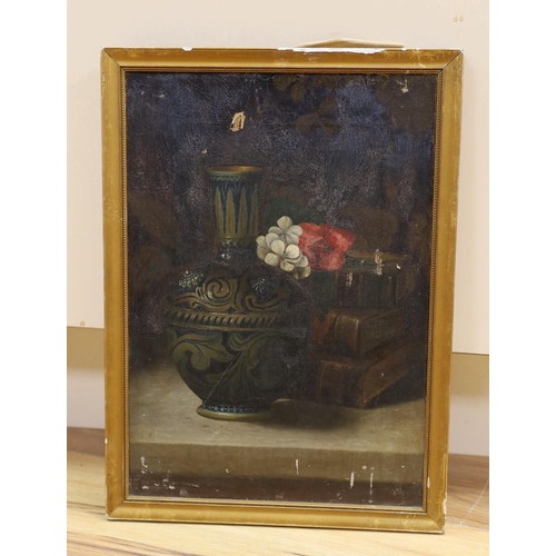 643 - English School c.1890, oil on canvas, Still life of a Doulton vase, flowers and bindings, 37 x 26cm... 