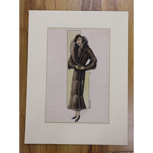 644 - Oliver, ink and watercolour, Commercial artwork depicting a lady wearing a fur coat, signed, 33 x 22... 