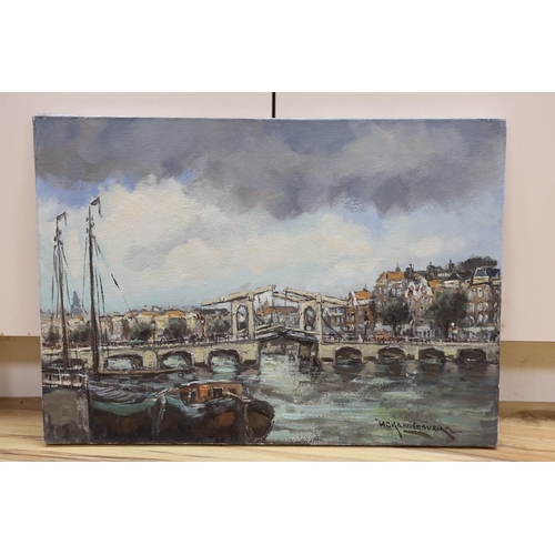 654 - Dutch School, oil on canvas, Bridge in Amsterdam, indistinctly signed, 50 x 70 cm. unframed.