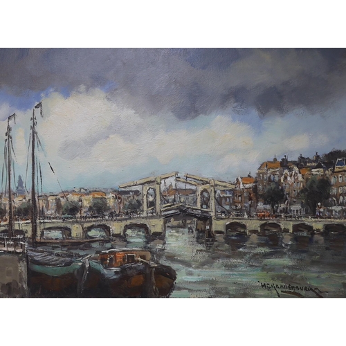 654 - Dutch School, oil on canvas, Bridge in Amsterdam, indistinctly signed, 50 x 70 cm. unframed.