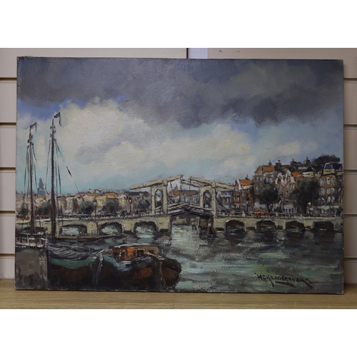 654 - Dutch School, oil on canvas, Bridge in Amsterdam, indistinctly signed, 50 x 70 cm. unframed.