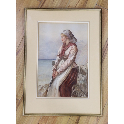 656 - Victorian School, watercolour, woman beside the seashore, monogrammed and dated 1869, 45 x 30cm... 