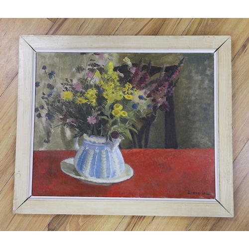 657 - Diana Maxwell Low (1911-1975), oil on canvas, 'Wild flowers in a blue jug', signed, with artist labe... 