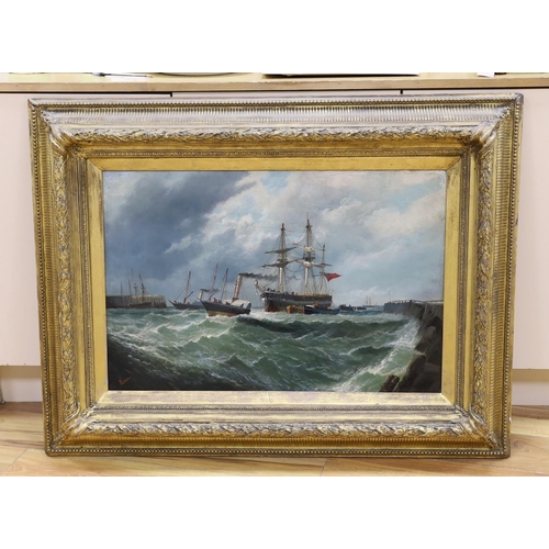 666 - H. Redmore, oil on canvas, Steam tugs towing a sailing ship into harbour, signed, 50 x 75cm