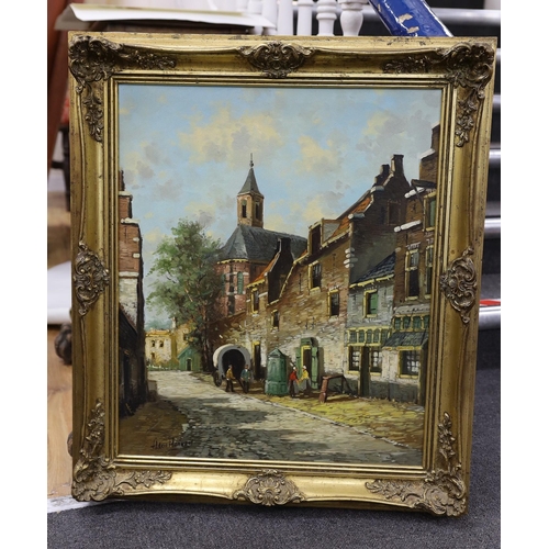 669 - H. Hoeven, oil on canvas, Dutch street scene, signed, 60 x 50cm