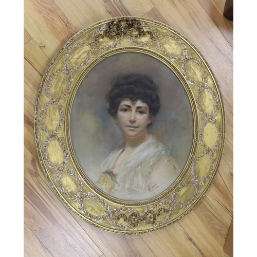 673 - LS 1892, oil on canvas, Portrait of a lady, monogrammed and dated, framed to the oval, 60 x 50cm... 