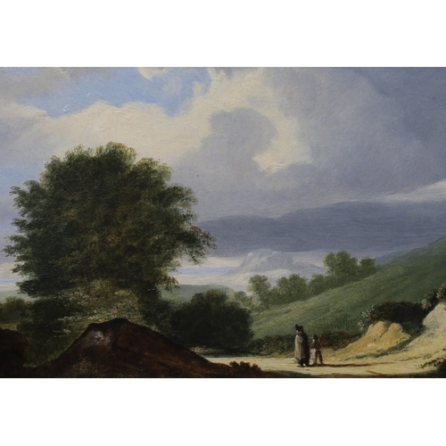 682 - Manner of James Arthur OConnor (Irish, 1792-1841), Travellers in landscapes, Oil on wooden panel, a... 