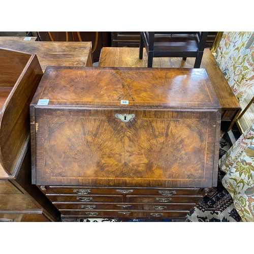 69 - A Queen Anne revival feather banded walnut bureau, width 76cm, depth 50cm, height 101cm