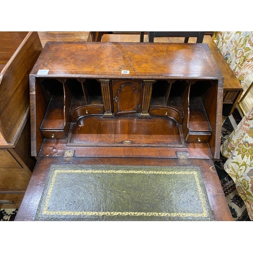 69 - A Queen Anne revival feather banded walnut bureau, width 76cm, depth 50cm, height 101cm