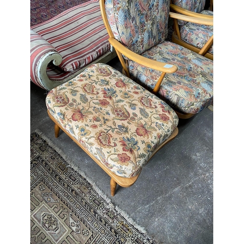 77 - An Ercol beech three piece lounge suite and footstool, settee length 174cm, width 80cm, height 82cm... 