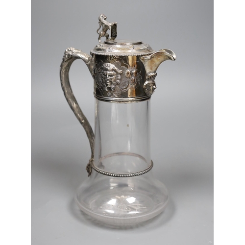 802 - A Victorian silver mounted glass claret jug, by Richards & Brown, London, 1862, 26.9cm, decorated wi... 