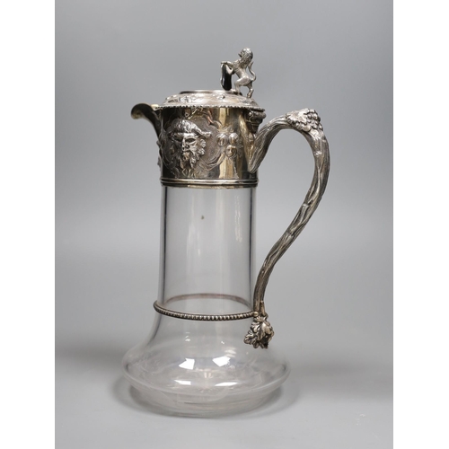 802 - A Victorian silver mounted glass claret jug, by Richards & Brown, London, 1862, 26.9cm, decorated wi... 